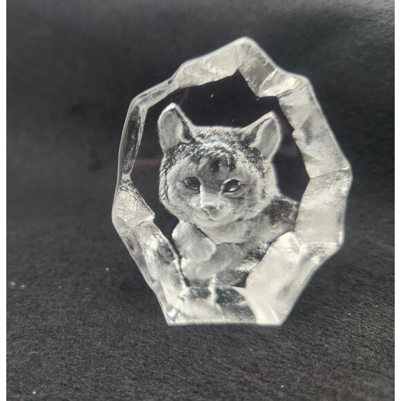 Vintage‎ Mats Jonasson Cat Engraving Swedish Crystal Art Glass - Picture 1 of 10